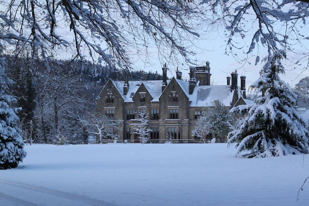 Llantysilio Hall in snow