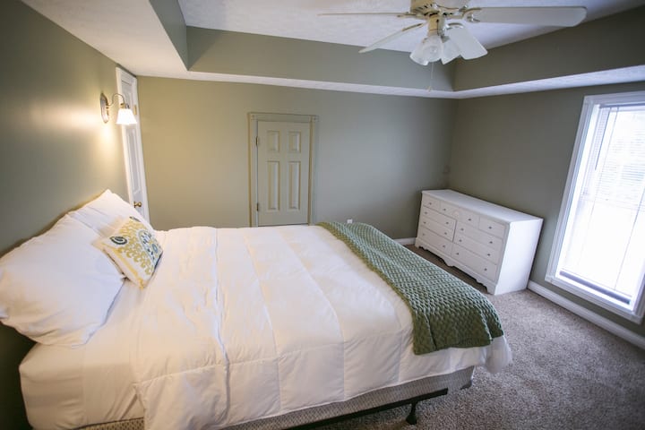 Location: Upstairs. Queen size bed in this bedroom with fresh linens provided.
