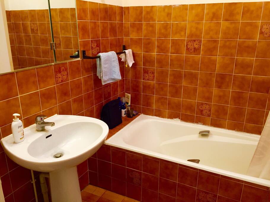 Salle de bain avec baignoire et toilettes