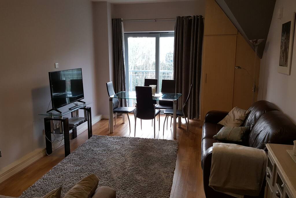 Living room has views of the grounds and a Smart TV