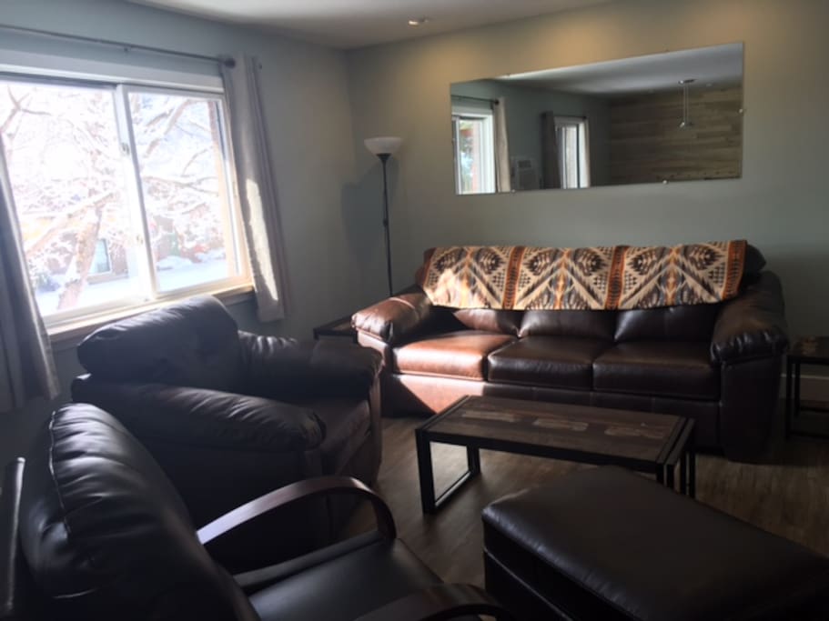 Open living room with leather furniture