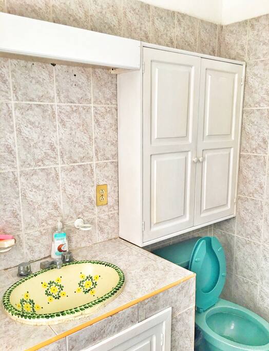 Bathroom with share shower . Baño con regadera compartida .