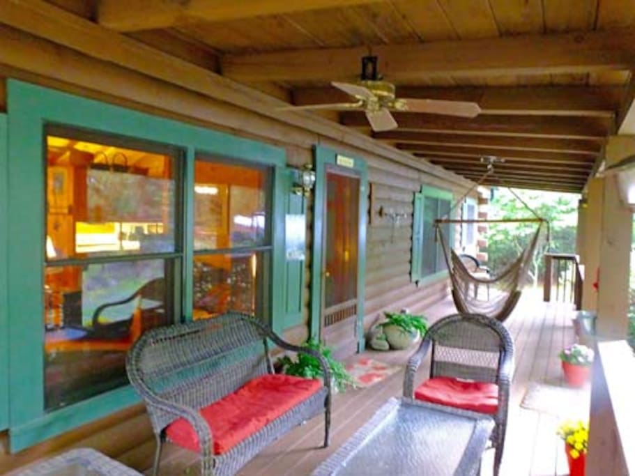 Hammock swing and wicker seating.