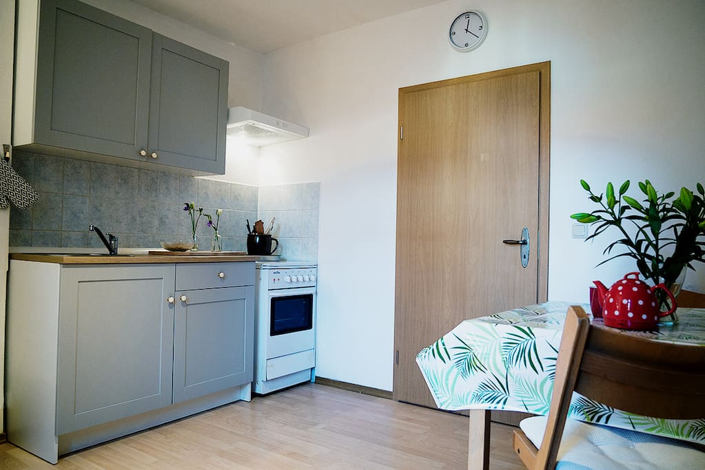 Blick in die Küche! Hinter der Tür befindet sich das kleine Schlafzimmer!