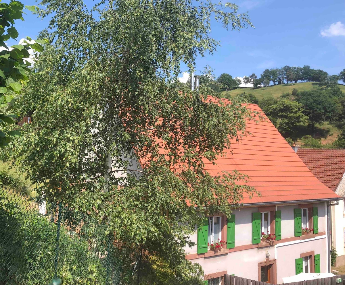 A charming house is visible, featuring a red tiled roof and green window shutters. Flower boxes adorn the windows, complemented by a nearby tree. The background reveals rolling hills, typical of the regional landscape, creating a serene rural setting.