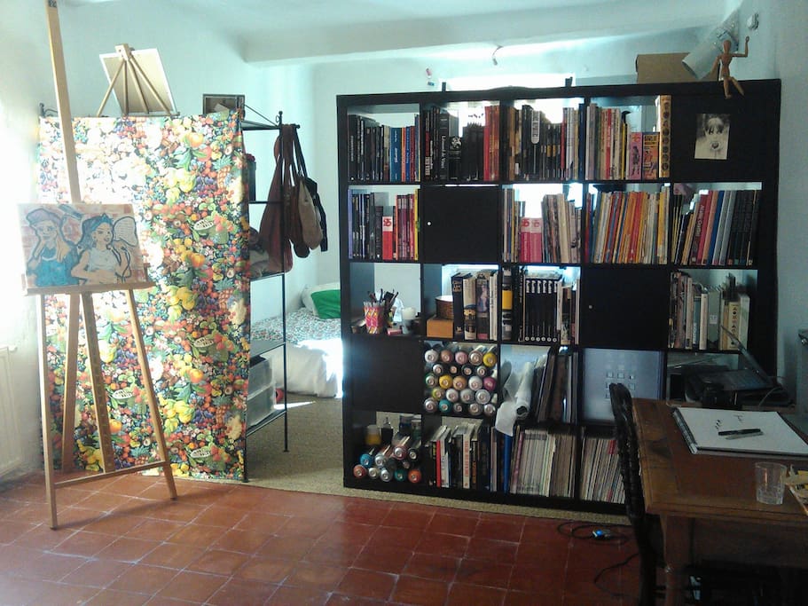 Chambre équipée d'une bibliothèque bien fournie en BD, livre de photographie, art ...