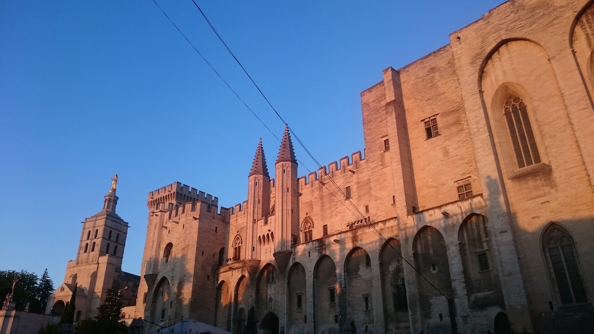 The historical Palais des Papes is depicted with its imposing stone facade bathed in warm light, showcasing its intricate towers and arches. The image also includes a nearby bell tower, adding to the architectural landscape against a clear blue sky.