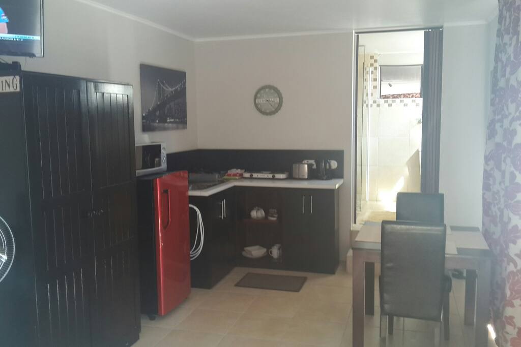 Self Catering with everything except an oven.( Includes Kettle, Toaster, Microwave Oven, Cutlery & Crockery