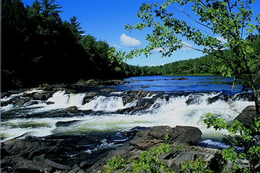 The image captures a serene river scene, where gentle rapids flow over rocks, surrounded by lush greenery. Bright blue skies and soft white clouds enhance the tranquil atmosphere. The vibrant foliage adds natural beauty to the landscape, creating a peaceful outdoor space.