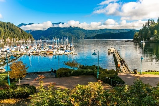 A serene view of a marina filled with boats, framed by lush green mountains under a clear blue sky. The water mirrors the landscape, while a wooden dock extends into the calm bay, inviting peaceful exploration. The surrounding area features trees and colorful foliage.