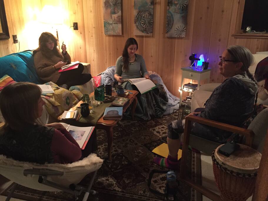 A small group discussion happening at the house.