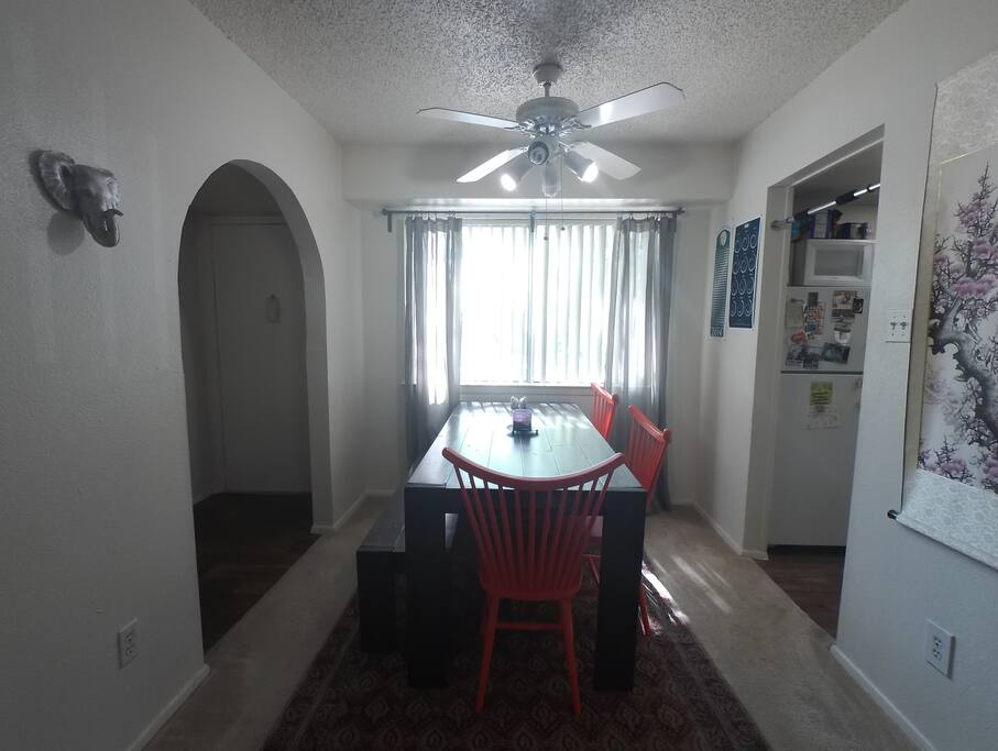 Dinning Area. 6ft Farm House Table seats 6.