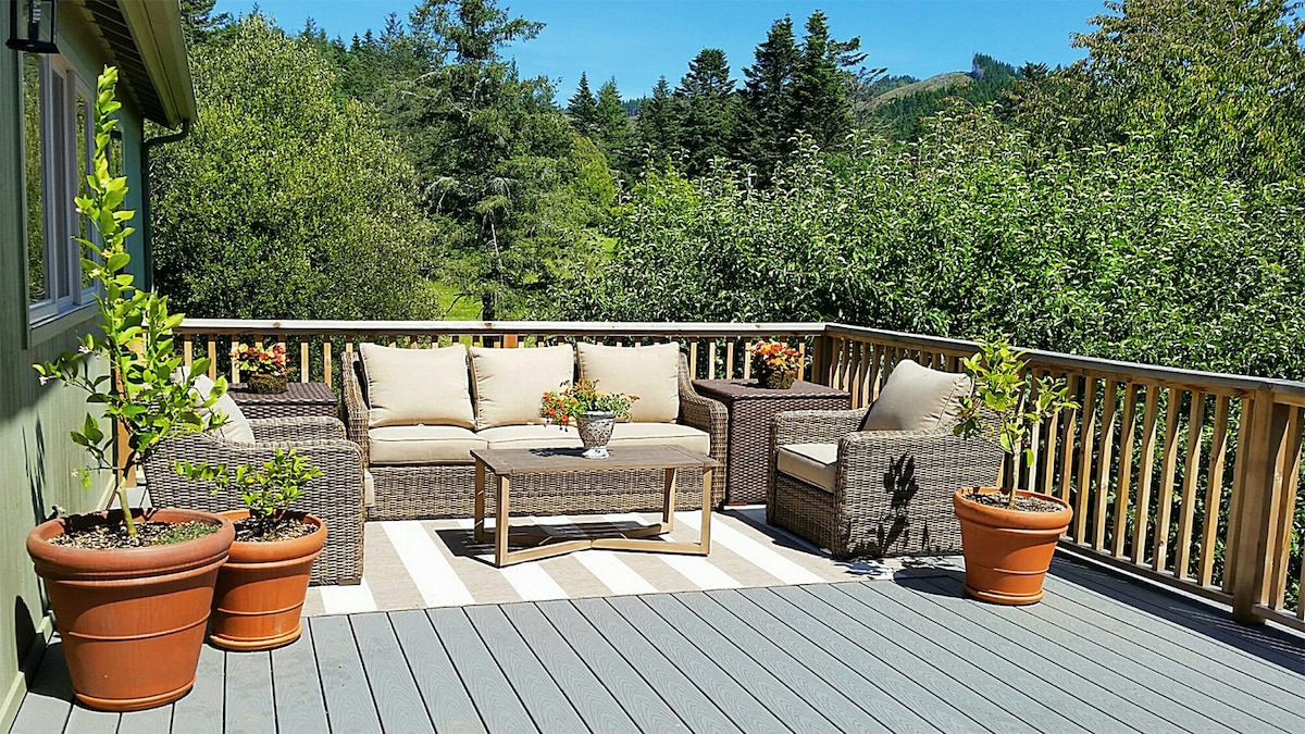 A spacious outdoor deck features comfortable seating arrangements made of wicker. Colorful cushions adorn the sofas, complemented by potted plants and a small table at the center. Lush greenery surrounds the area, providing a serene backdrop against a clear blue sky.