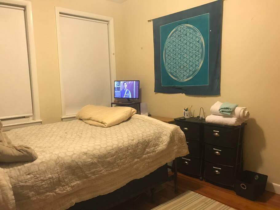 Bedroom, Netflix and Hulu, closet space, queen bed and magic blanket (weighted)
