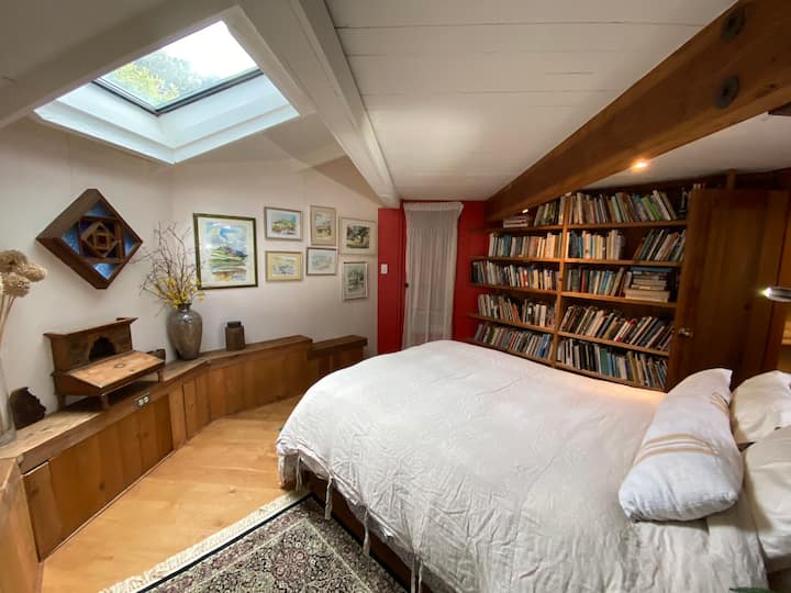 Prízemie Oktagonal bedroom suite s knižnicami plnými zaujímavých kníh o ekologickej architektúre a ďalších témach. Farby vody na stenách od Sima Van der Ryna. 