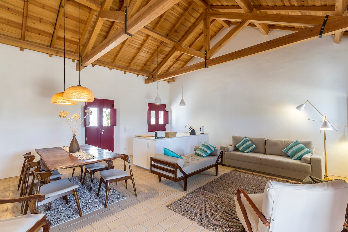 The spacious living area features a high wooden ceiling with exposed beams, creating an open feel. A large dining table is set for multiple guests, surrounded by comfortable chairs. A cozy seating area includes a sofa with accent pillows, complemented by a textured rug beneath.
