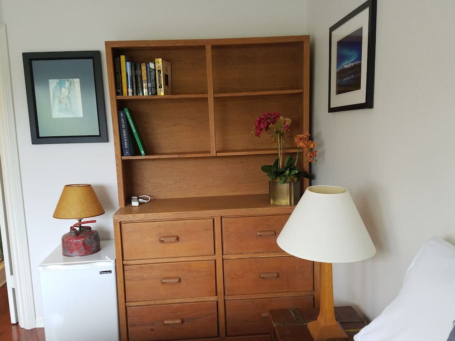 Features of the space. Fun fact: lamp and chest were hand made by co-host Harold