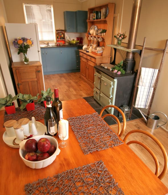 Quaint kitchen and dining at Applegrove Schoolhouse.