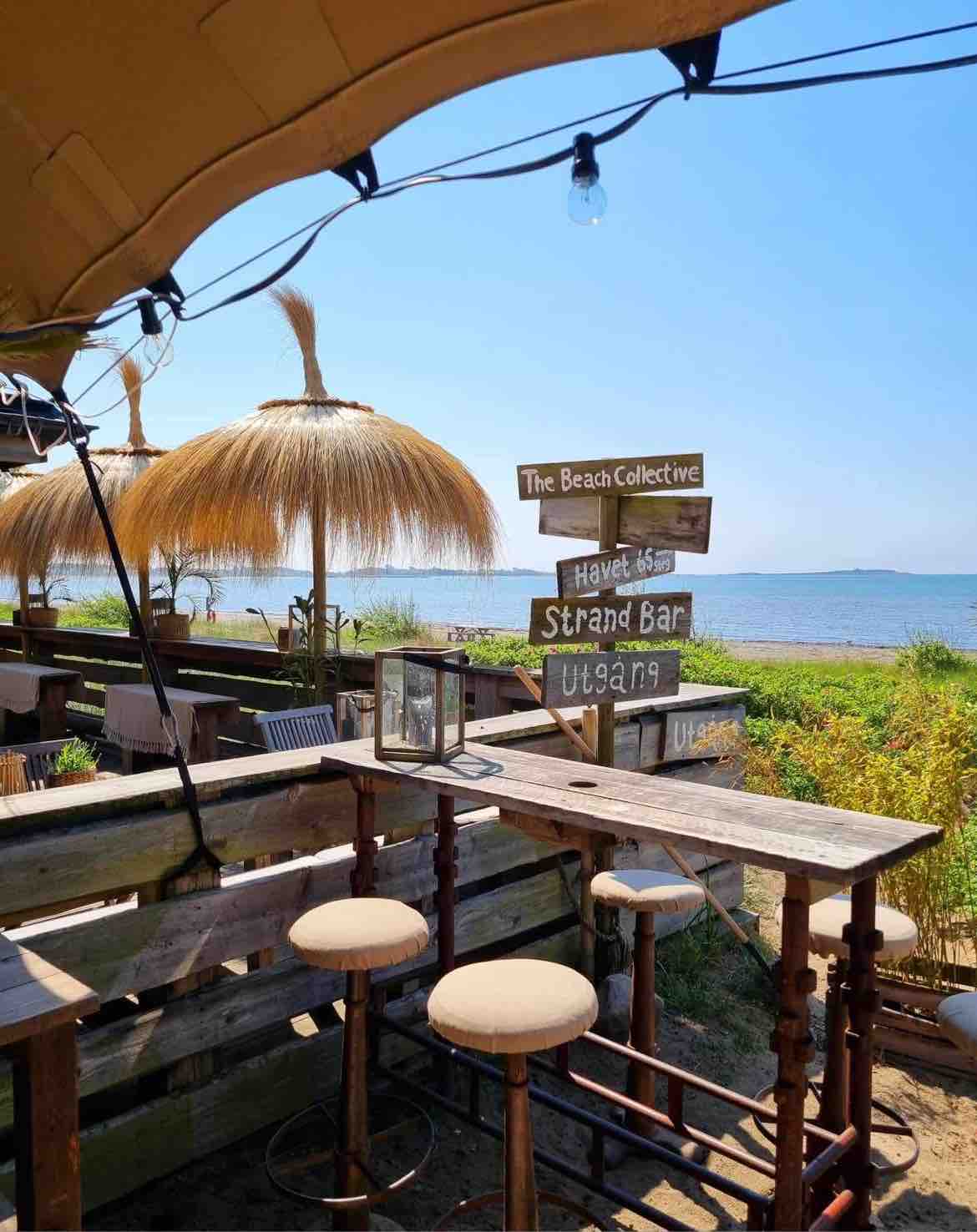 A beachfront bar area features wooden seating with circular stools and a rustic sign indicating 'The Beach Collective.' Sunlight reflects off water in the background, while thatched umbrellas provide shade. Tall grasses and wooden barriers create a natural ambiance near the sea.