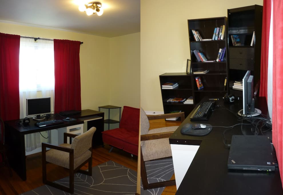 Big room with double bed and leather sofa and study area. Older sofa in the background has been replaced with a brand new double bed.