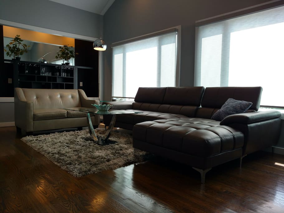 Ample seating in sleek, modern living room with cathedral ceilings