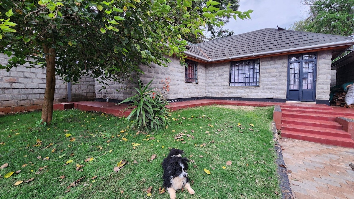 A well-maintained, single-story home with natural stone walls is surrounded by a lush green lawn. The entrance features red steps leading to a porch area. A black and white dog lounges calmly on the grass, adding a sense of warmth to the outdoor space.