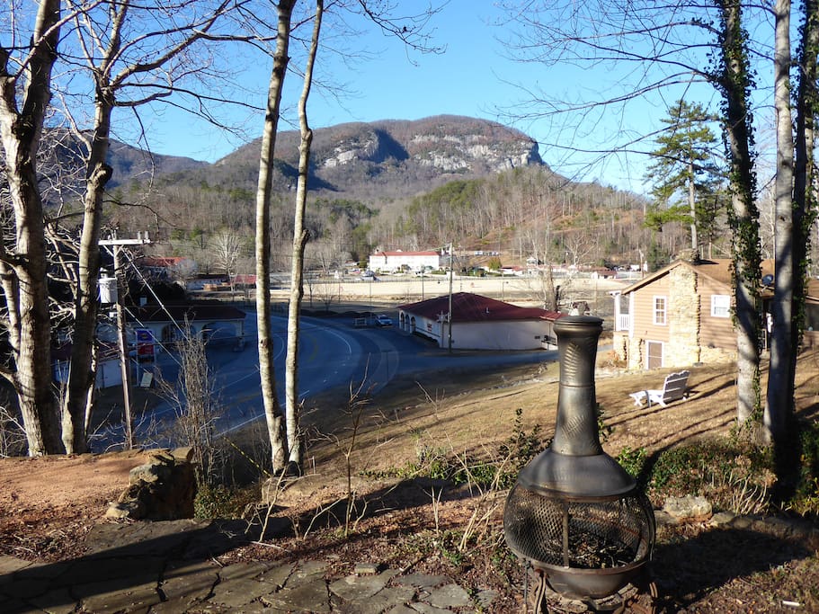 Year round views of Inn, Lake and Chimney Rock from our outdoor sitting area.