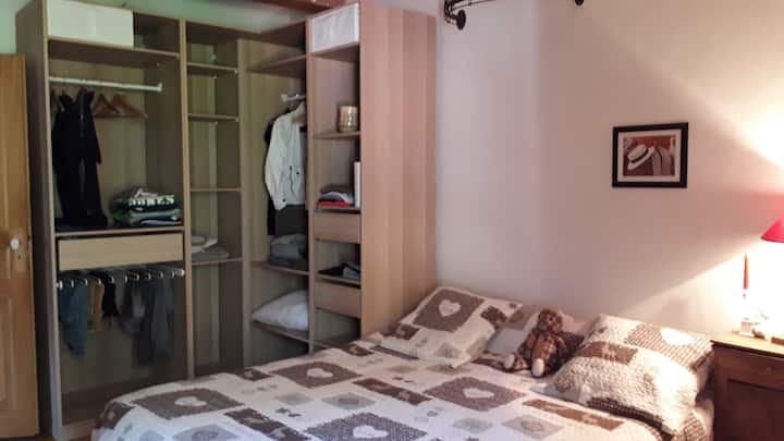 bedroom with queen bed and dressing room