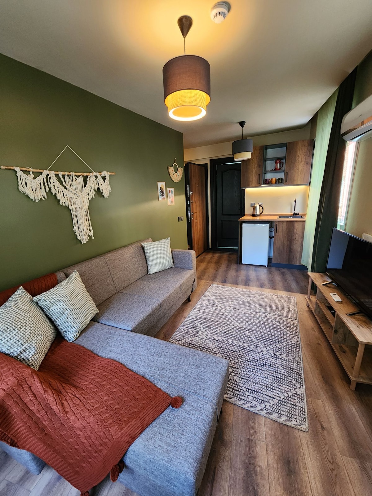 A modern living area features a two-tone gray sofa with textured cushions and a cozy rust-colored throw. A patterned rug lies beneath, and a small kitchenette is visible in the background, alongside a TV mounted on a wooden stand. Natural light filters through a nearby window.