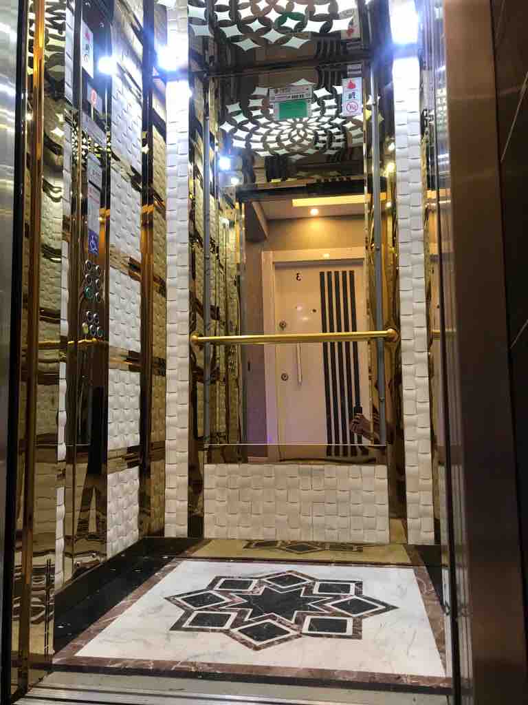 An elevator interior is showcased with mirrored walls and decorative gold accents. The floor features a patterned tile design. A door is visible at the end of the space, further enhancing the modern aesthetic of the building's entrance.