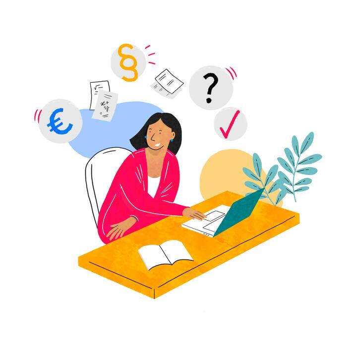 illustration of woman on laptop with icons surrounding head