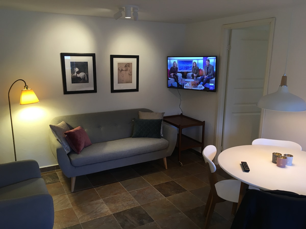 A living room area is furnished with a light gray sofa, a small table, and a white round dining table. Framed artwork is displayed on the wall above the sofa, while a television is mounted on another wall. A floor lamp and a pendant light provide illumination.