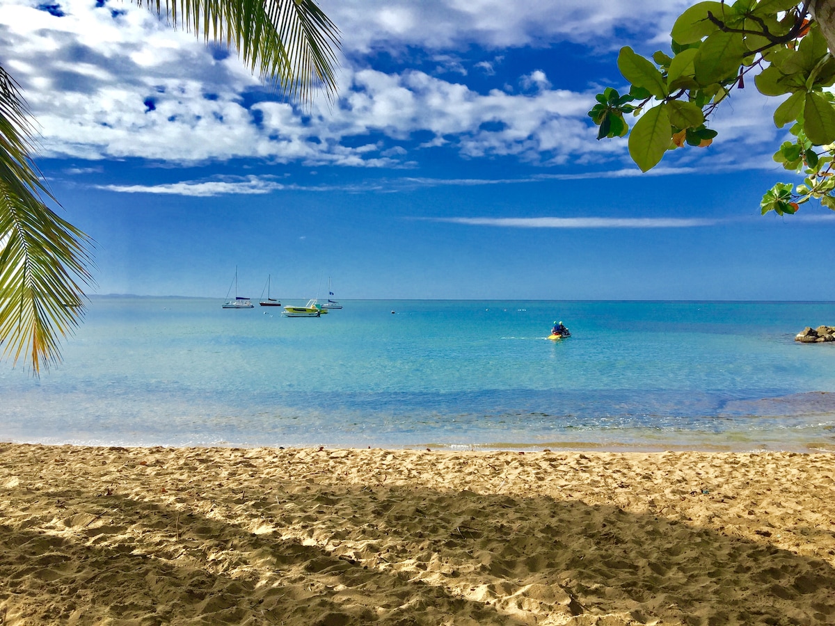 A serene beach scene is shown, featuring golden sand and calm turquoise waters. Sailboats are anchored in the distance under a bright blue sky, while gentle waves lap at the shore. Lush green foliage frames the view, adding a natural touch to the coastal setting.