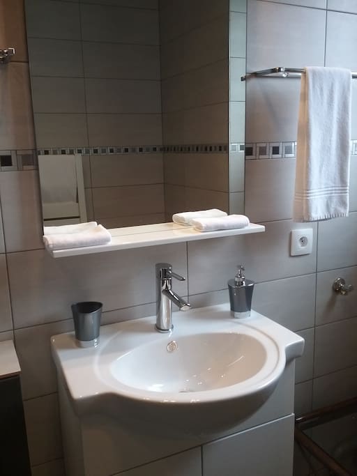 salle de bain équipé ,serviettes ,shampoing, gel douche