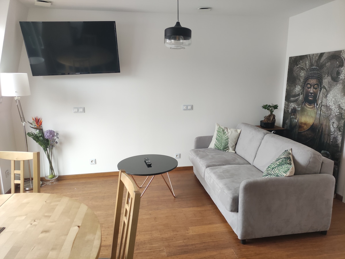 A cozy living area features a light grey sofa adorned with patterned cushions. A round black coffee table sits in front of the sofa, under a wall-mounted television. A dining table with wooden chairs is positioned nearby, complemented by a decorative piece featuring a serene figure.
