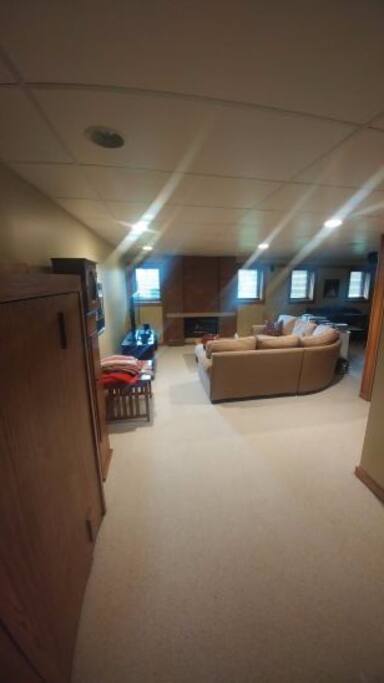 Living room with fireplace and Queen size Murphy bed