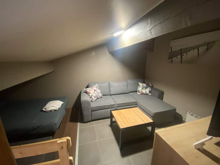 Dhomë e vogël ndenjjeje në mezzanine , me televizor , divan krevat