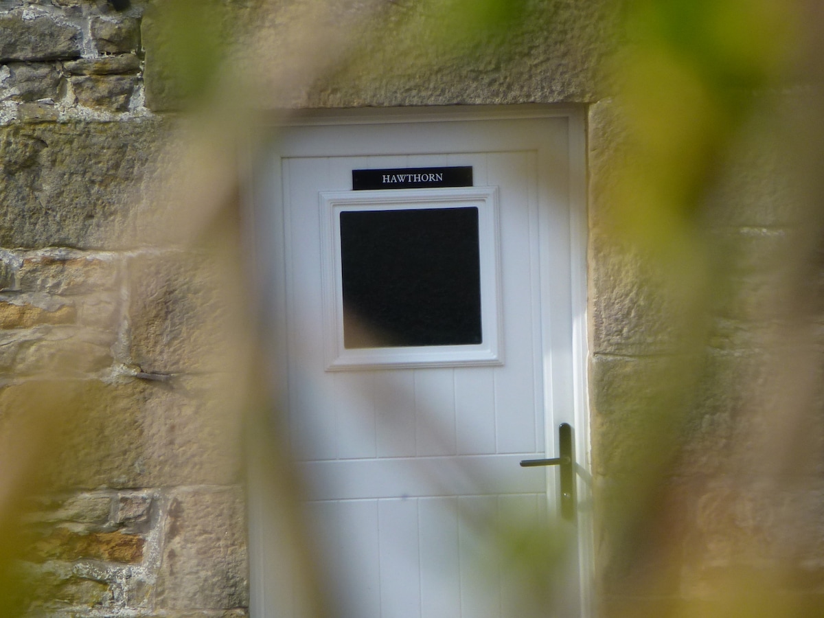 A white door, marked with the name 'Hawthorn', is framed by a natural surrounding. The door features a square window, providing a glimpse of the interior. Textured stone walls can be seen partially obscured by foliage, creating an inviting entrance.