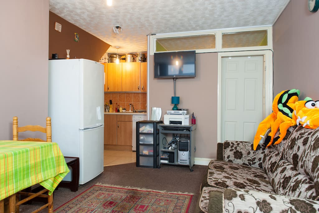 From in front of the blue settee towards open plan kitchen on the left, with TV on the wall.