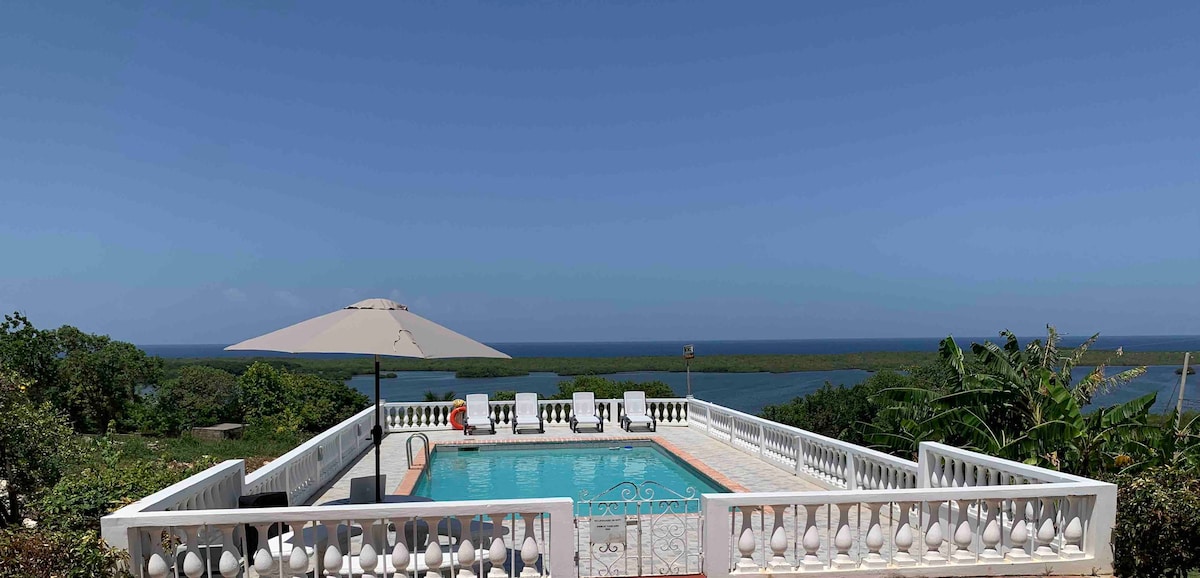 A spacious outdoor area features a swimming pool, bordered by white railings, under a beige umbrella for shade. The tranquil Caribbean Sea is visible in the background, framed by lush greenery and clear blue skies.