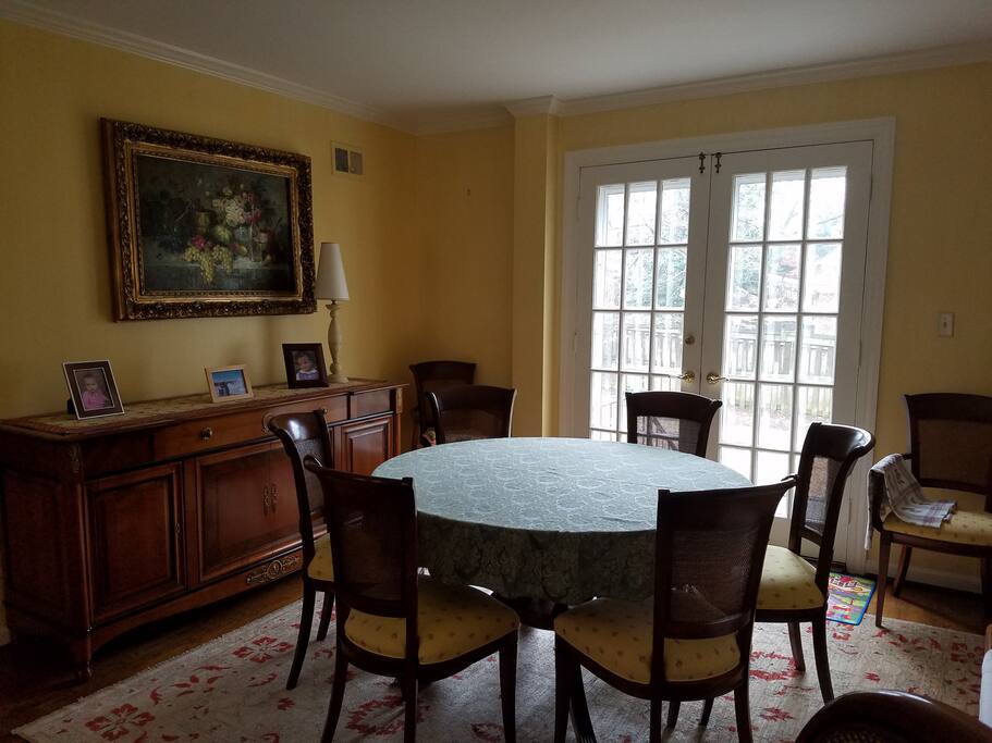 Expandable dining table with room for 10 people.