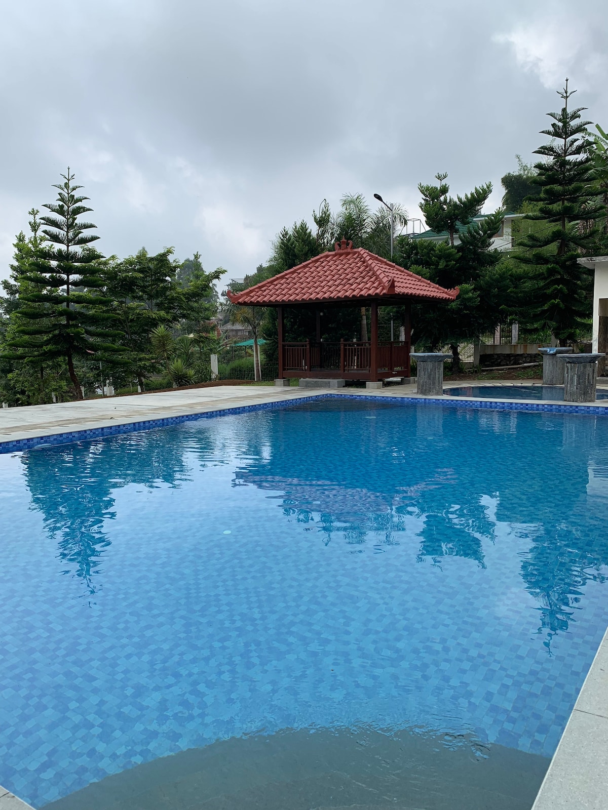 A large swimming pool with clear blue water reflects the surrounding greenery. A traditional pavilion with a red-tiled roof is visible nearby, offering shaded seating. Towering pine trees contribute to the serene landscape, providing a tranquil atmosphere.