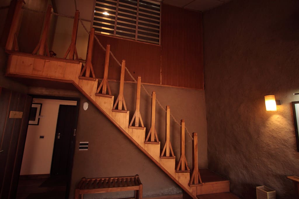 The steps leading to the bunk beds for the kids