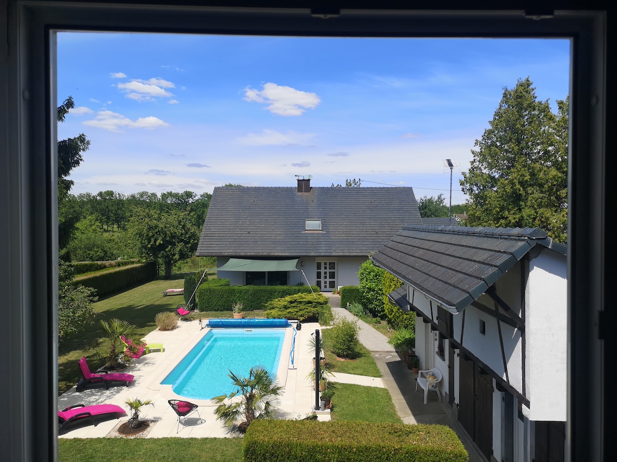 A view from a window captures the outdoor pool framed by vibrant landscaping. The pool area is decorated with pink lounge chairs, while the chalet sits peacefully in the background, surrounded by greenery. A clear sky adds bright light to the scene.