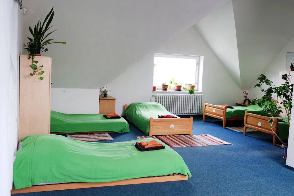You will be sharing the attic with four more travellers from all around the world. One more double-bed is located in an adjacent room behind the curtain.