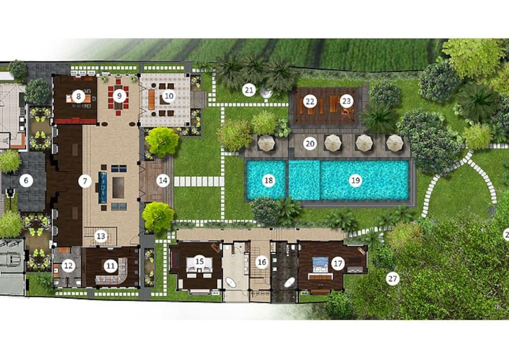 Ground floor plan: 1. Villa gate 2. Garage & storage 3. Driveway 4. Gym pavillion 5. Service house 6. Main house gate 7. Grand room 8. Guest kitchen 9. Dining area 10. Colonial lounge 11. Media/TV room 12. Guest rest room 13. Staircase to main house upper floor 14. Terrace 15. Batavia Suite 16. Staircase to guest house upper floor 17. Ubud Suite 18. Kids plunge pool 19. Swimming pool 20. Sunbed area 21. Outdoor shower 22. Outdoor dining area 23. Outdoor lounge 24. House main temple 25. River pavilion 26. Outdoor spa tub 27. House shrine