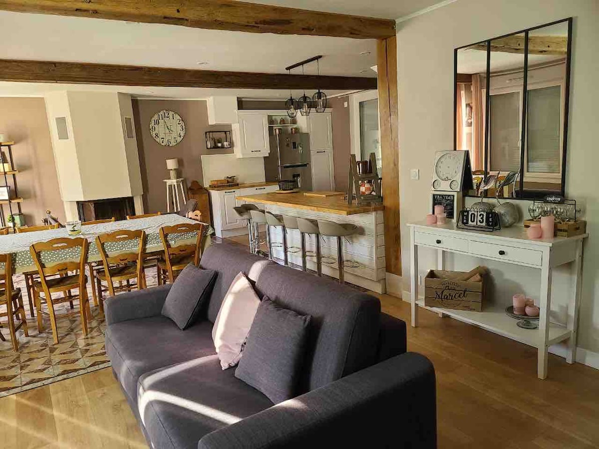 A spacious living area features a dark sofa facing a dining table with wooden chairs. An equipped kitchen is visible in the background, complemented by light wood accents. An antique clock and a mirror add functional decor to the room, with soft natural light illuminating the space.