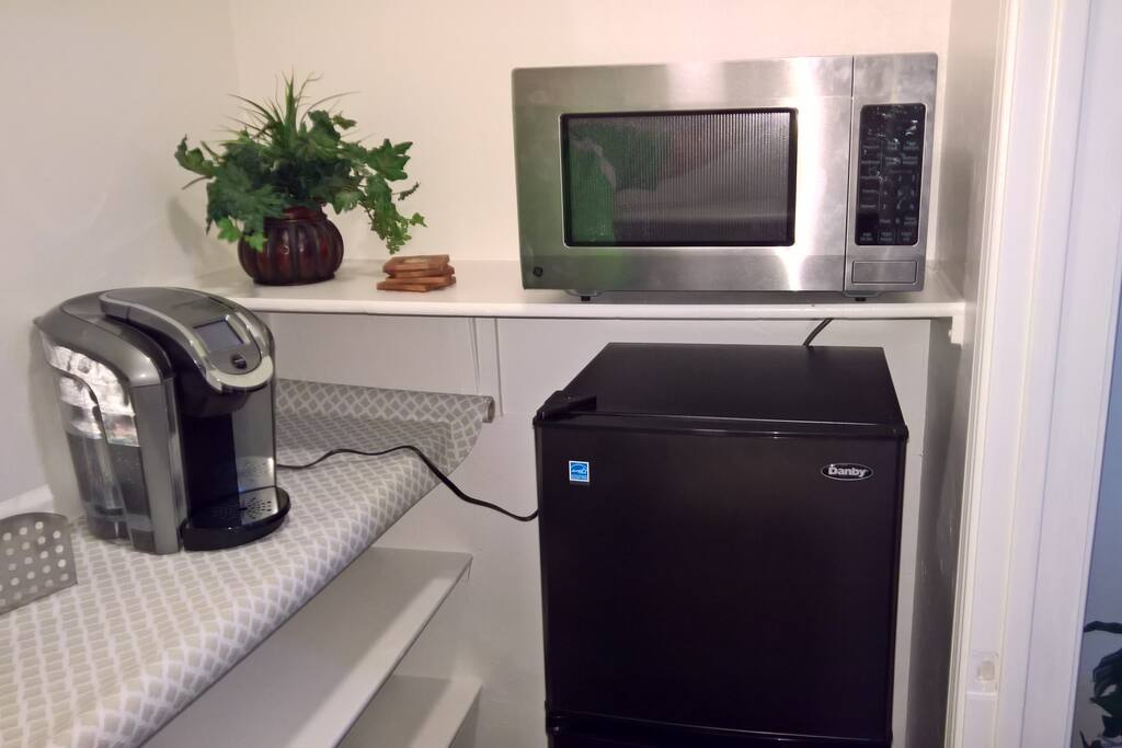 Fridge (with freezer), microwave, Keurig coffee maker