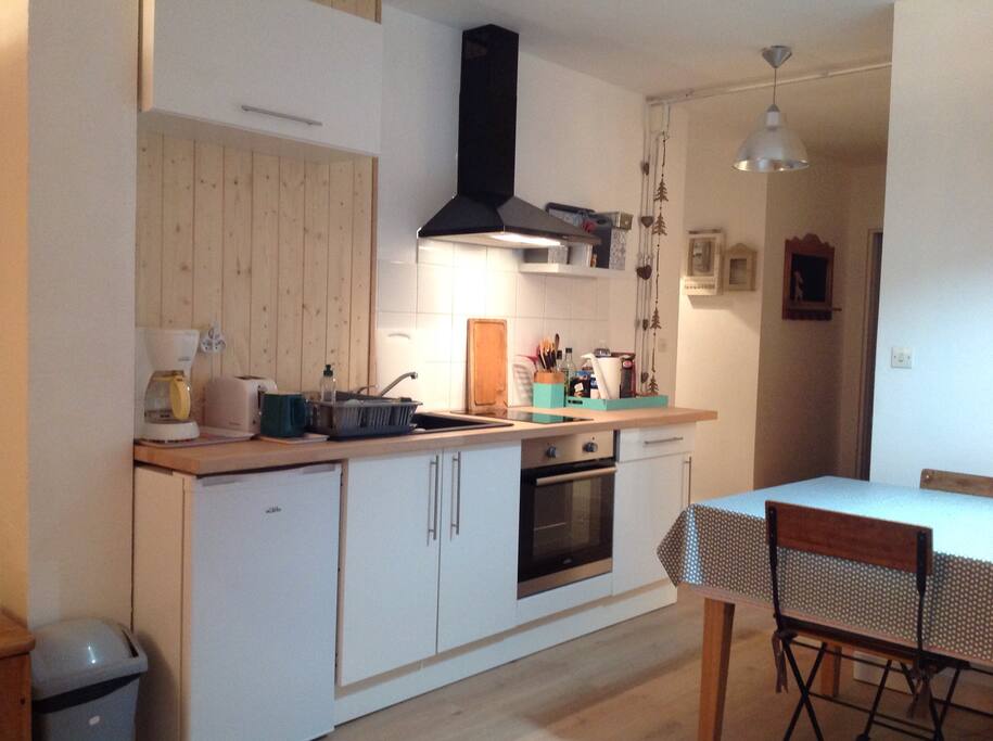 Cuisine ouverte, frigo, four, micro onde, plaque induction deux feux,grille pain, cafetière, bouilloire, hotte.