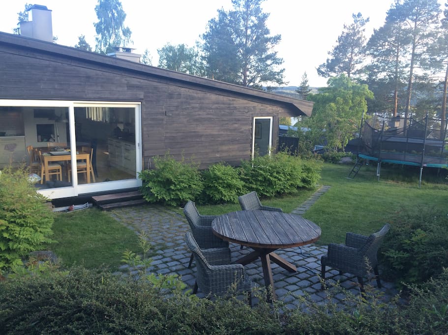Outdoor seating ouside Kitchen, trampoline for the kids